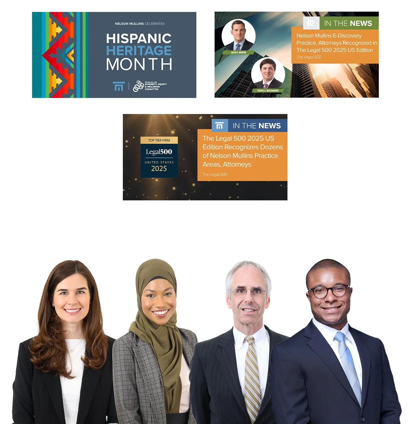 Four diverse professionals, two women and two men, dressed in business attire, standing against a white background.
