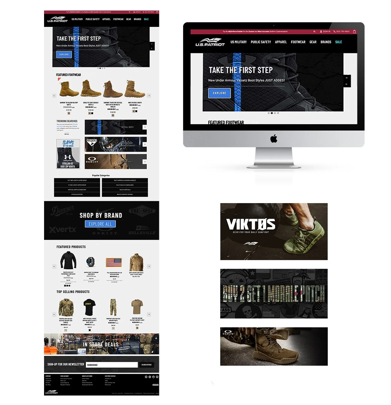 Website mockup for U.S. Patriot, an online store selling military and tactical gear, footwear, apparel, and accessories. The site features a homepage with a hero banner, featured footwear, trending searches, brand shop options, product categories, and top-selling products. The design emphasizes military style and outdoor gear with images of tactical boots, military apparel, and sneakers.