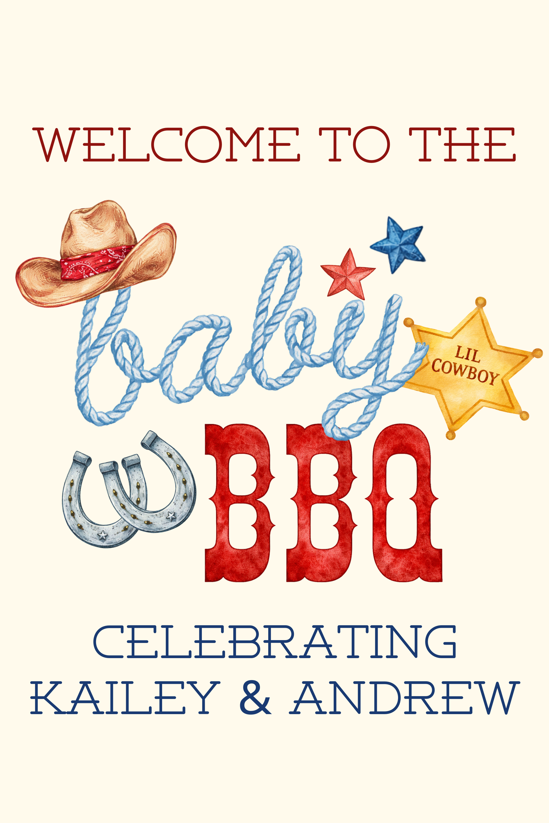 Celebration invitation with cowboy theme and Western motifs, including a cowboy hat, rope, stars, horseshoe, and a sheriff badge, for a wedding or event on July 8 and 9.