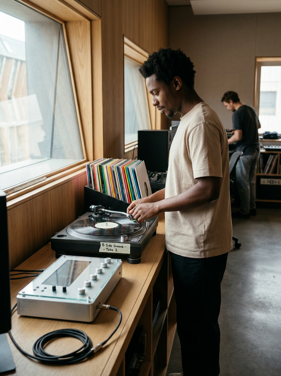 A man in a beige t-shirt and black pants using a record player at a wooden table, with a collection of vinyl records nearby. In the background, another person is working with musical equipment in a room with wooden and beige walls.