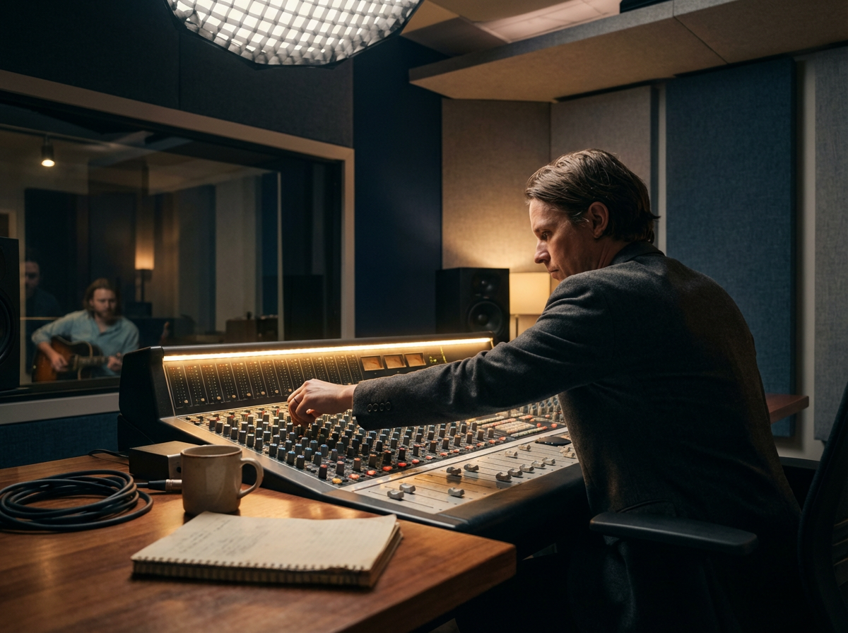 A man working with audio equipment in a recording studio, a musician playing guitar is visible through a glass window in the background.