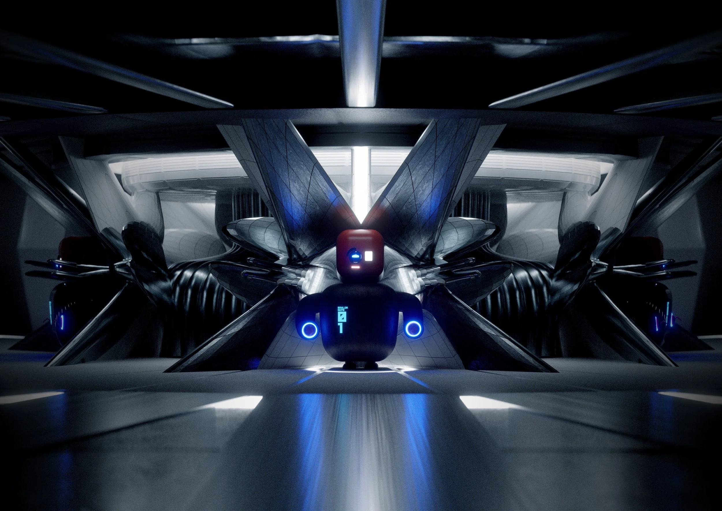 Futuristic sleek, symmetrical spaceship or sci-fi structure with glowing blue and white lights, metallic surfaces, and a mirrored design.