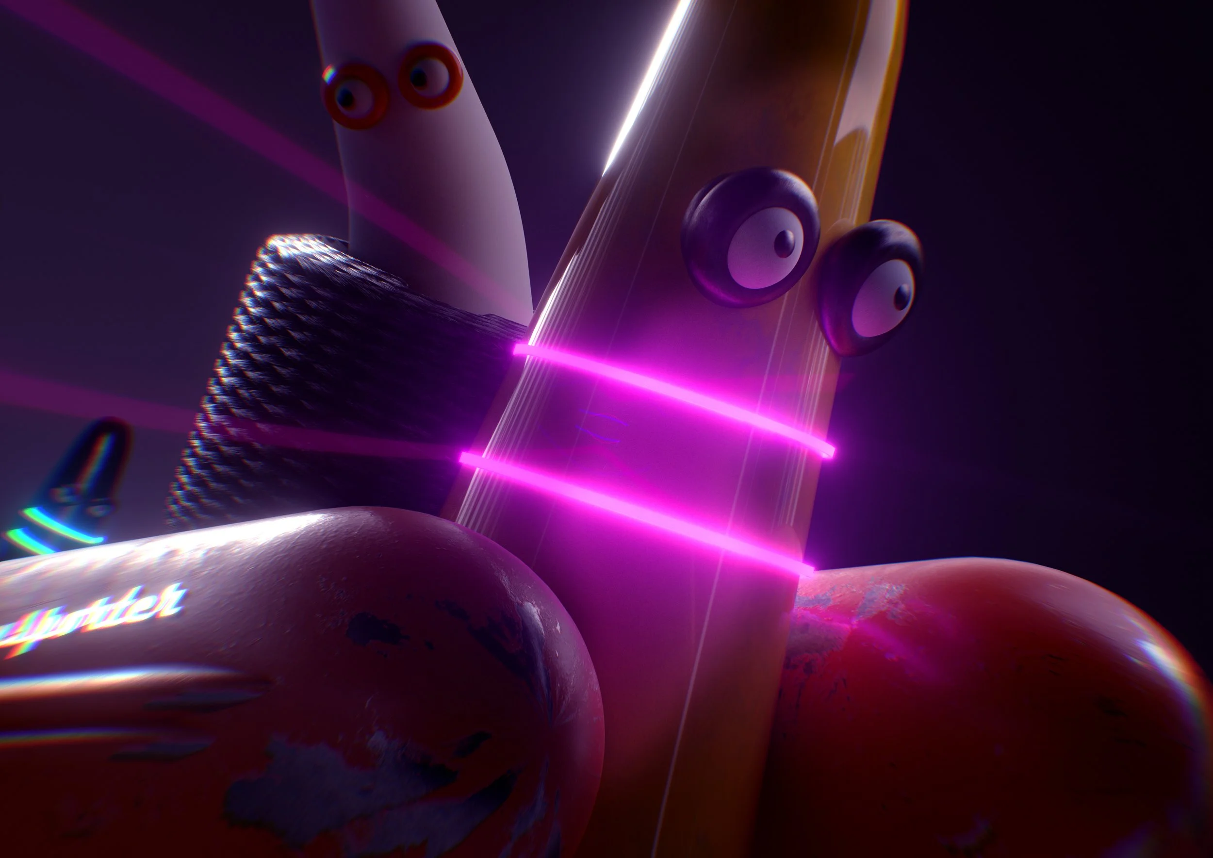 Close-up of colorful toys and objects with neon pink and purple lighting effects