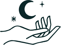 Line drawing of an open hand beneath a crescent moon, stars, and mountains