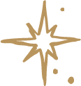 Stylized golden starburst with small dots around it on a black background.