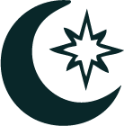 Dark green crescent moon with a star in between the horns.