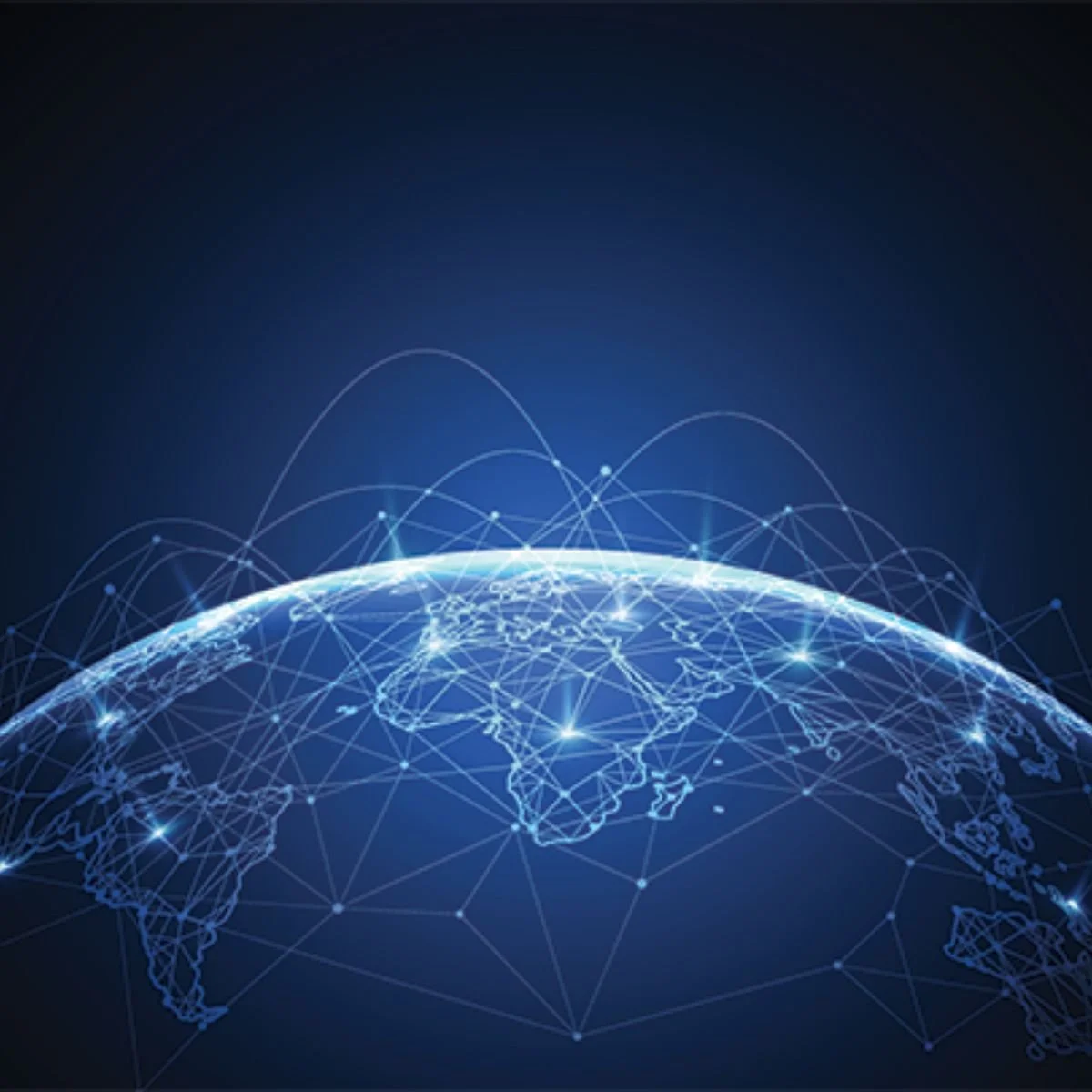 Digital illustration of Earth with connected network nodes and lines representing global connectivity and communication.