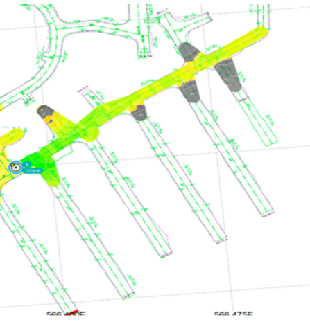 A digital engineering diagram of a wastewater treatment plant with flow pathways, pipelines, and various processing units.