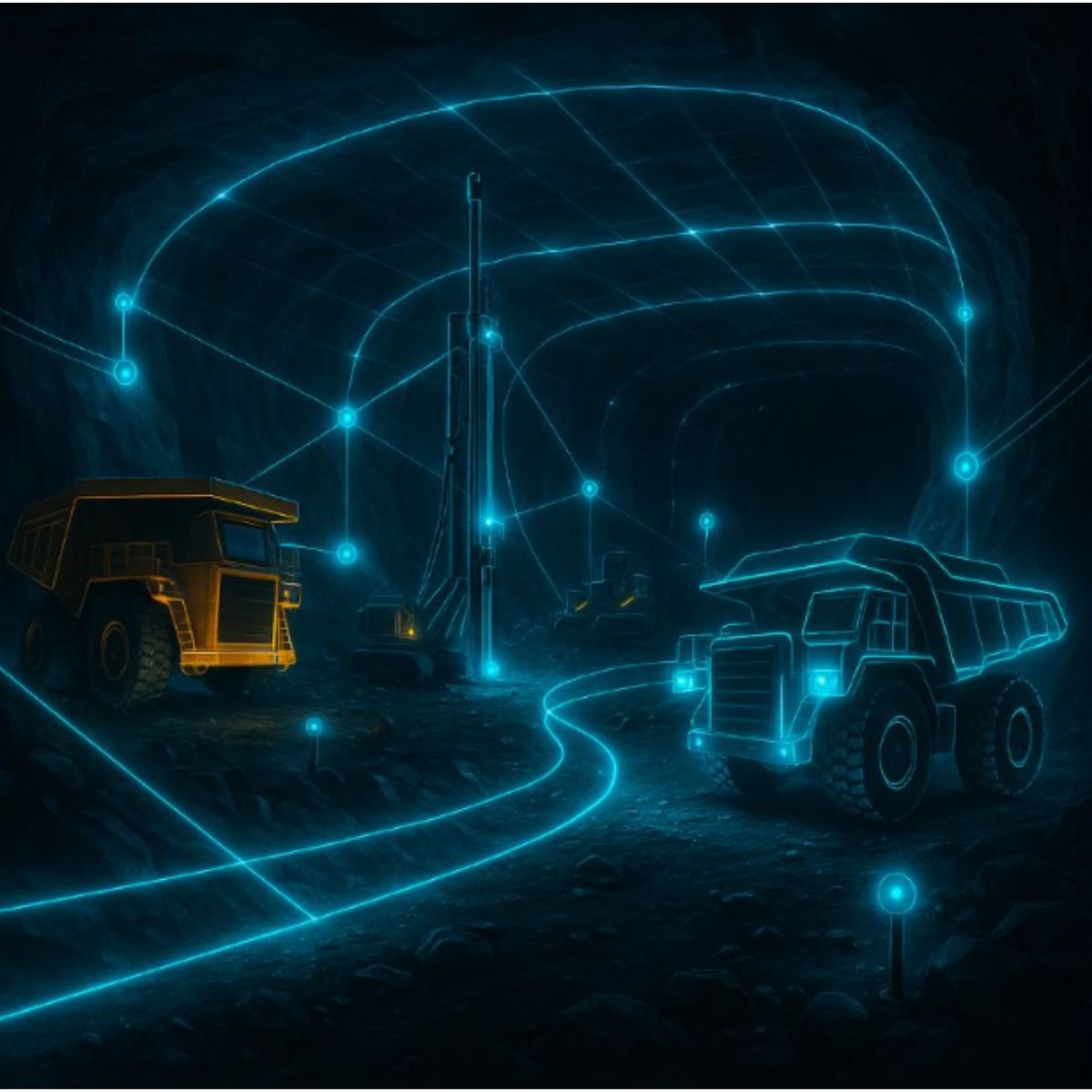 Digital illustration of mining machines and equipment inside a tunnel with glowing blue lines and nodes, representing a high-tech underground mining or exploration environment.