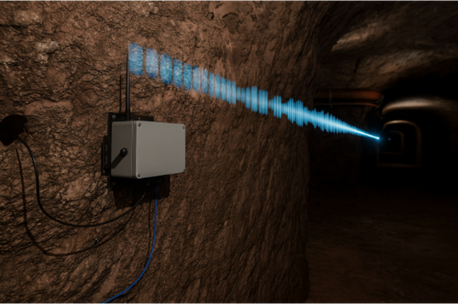 A device attached to a tunnel wall emitting a blue laser beam into the tunnel.