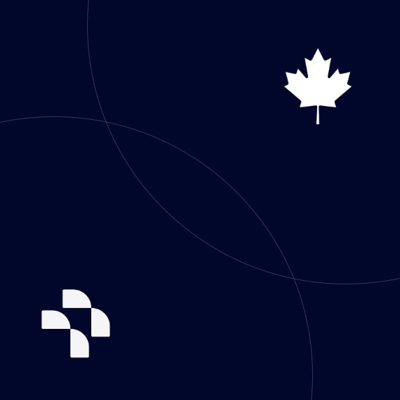 Dark blue background with a white maple leaf in the top right corner and abstract white shapes in the bottom left corner.