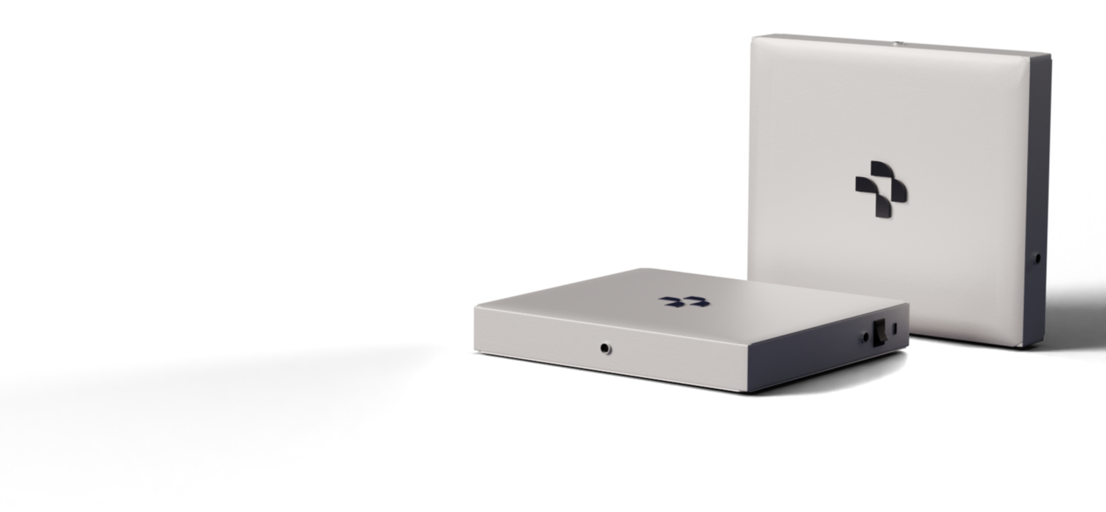 Two silver-colored electronic devices with black logo, with one upright and one lying flat, against a black background
