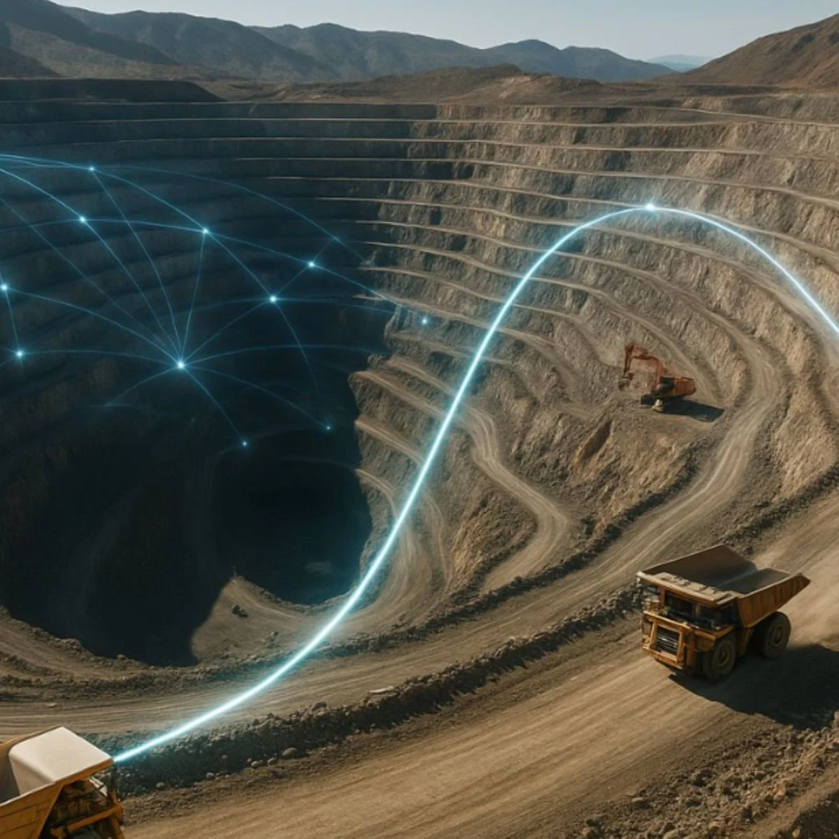 Mining operation with large dump trucks working on terraced terrain, overlaid with digital graphics of a network or data connections.