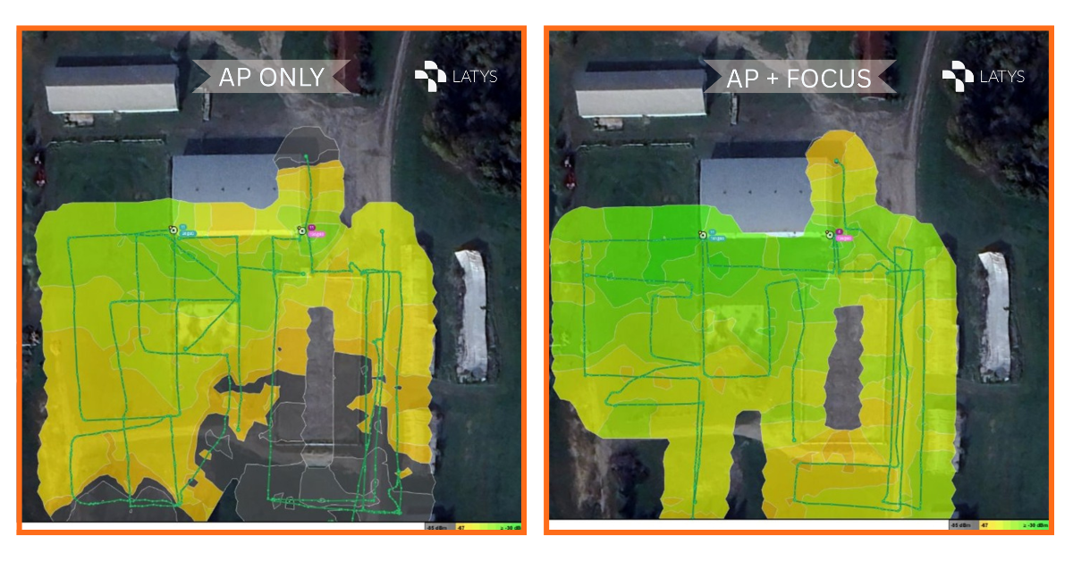 Comparison of Wi-Fi signal strength maps of a building's Wi-Fi coverage, showing the difference between access points used in 'AP ONLY' and 'AP + FOCUS' configurations, with color-coded signal quality.