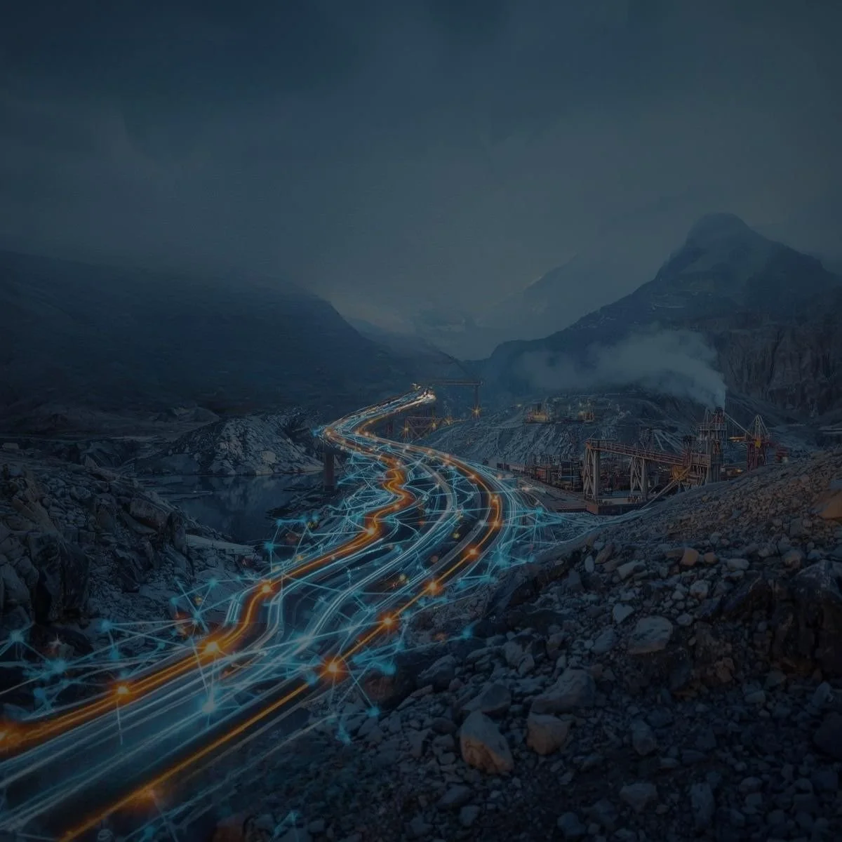 A mountainous landscape at night with a digitally enhanced highway featuring glowing lines and data network graphics, along with construction equipment and steam in the background.