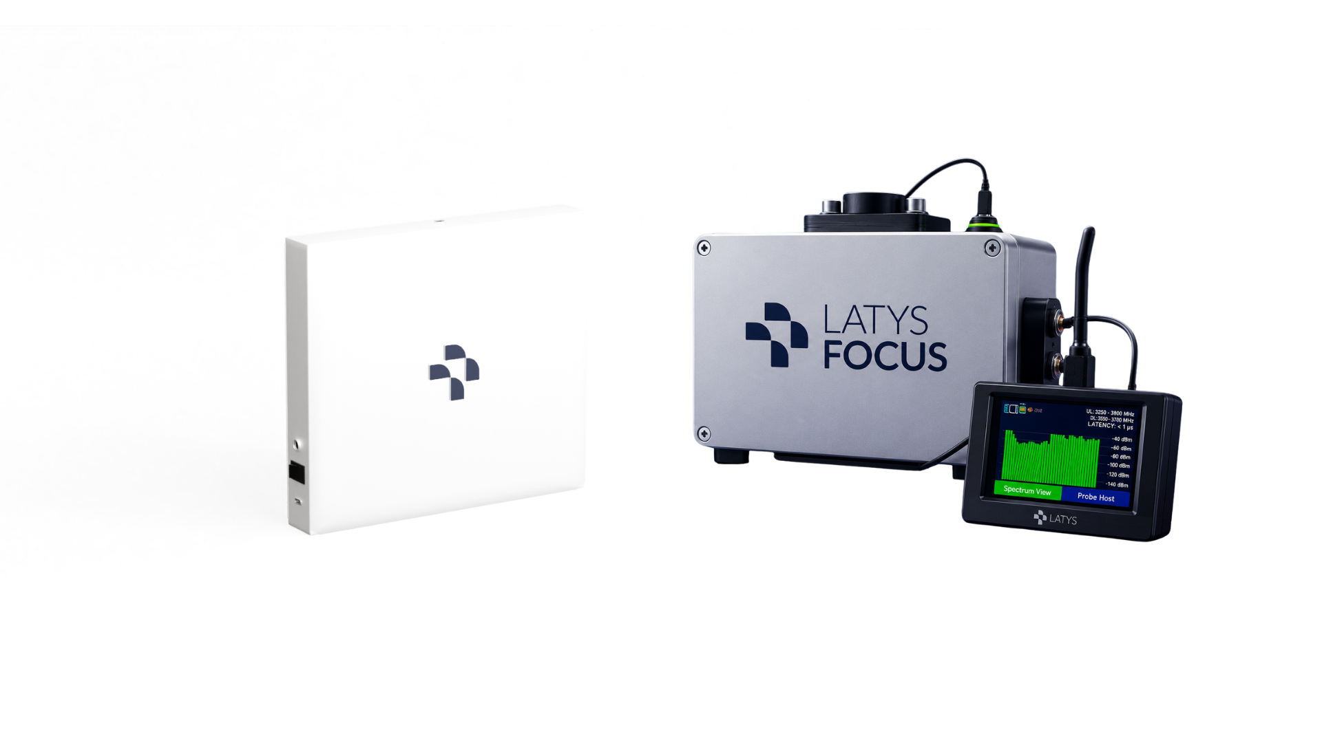 A piece of laboratory equipment with the logo 'LATYS FOCUS' on its metal casing, a small digital screen displaying spectrum data, and connected cables.