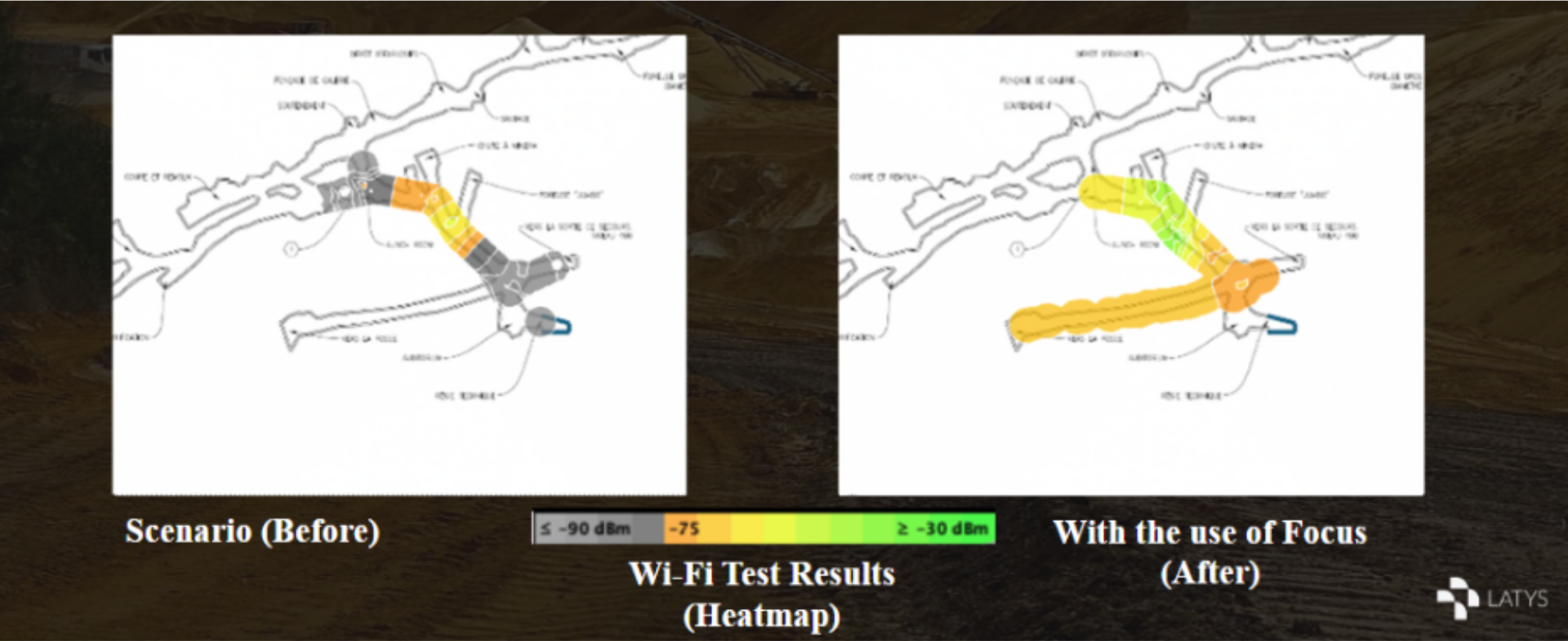 Comparison of Wi-Fi signal heatmaps before and after using Focus, showing increased coverage in yellow and green on the 'After' map