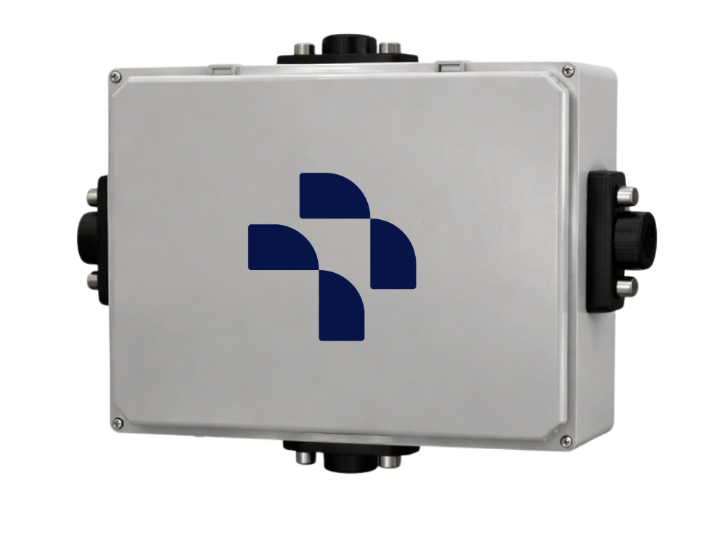 A gray industrial electronic enclosure with a blue logo consisting of four quarter circles arranged in a cross pattern.