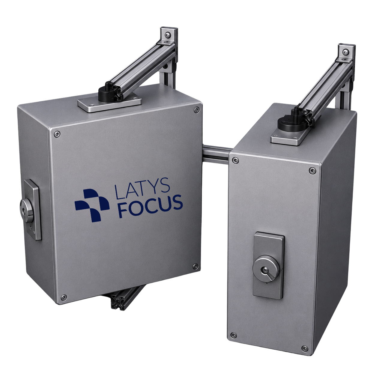 Two metallic laser measurement devices with adjustable arms connected to boxes, branded with LATYS FOCUS, mounted on a black background.