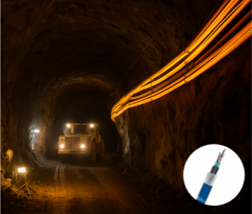 A mining or tunnel construction vehicle inside a dark tunnel with orange safety lights along the tunnel wall and an inset image of a syringe in the bottom right corner.