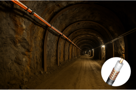 Underground tunnel with lighting and a mining cable