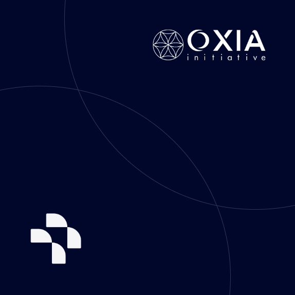 Dark blue background with the OXIA initiative logo and name at the top right, and a white geometric design at the bottom left.