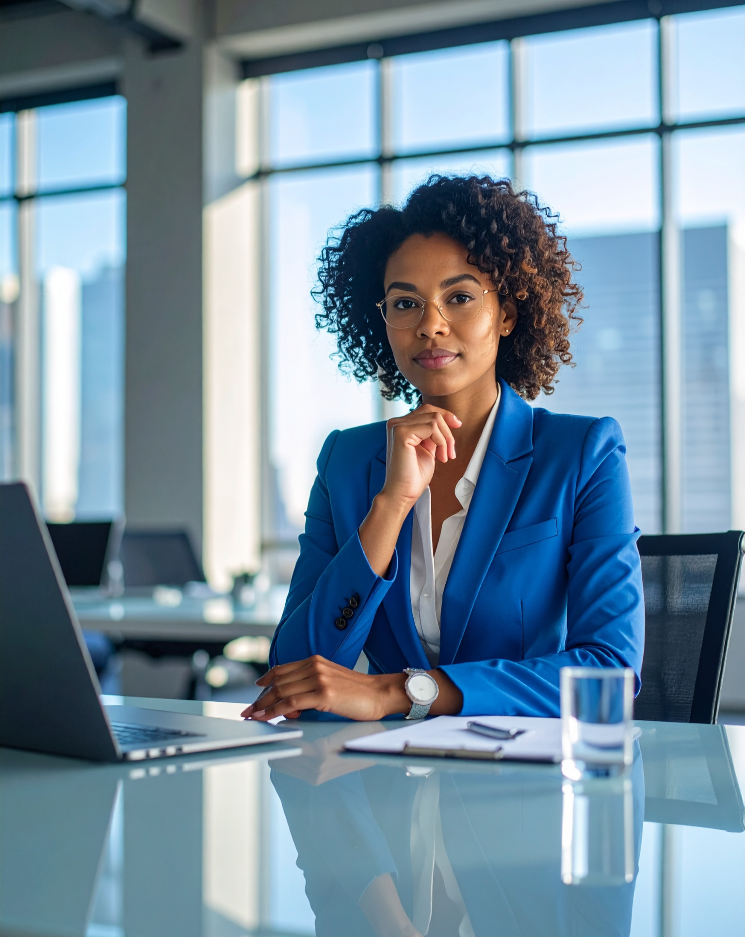 A woman in a blue blazer sitting at a conference table, wearing glasses and a watch, with a laptop, notes, and a glass of water on the table in a modern office with large windows in the background.