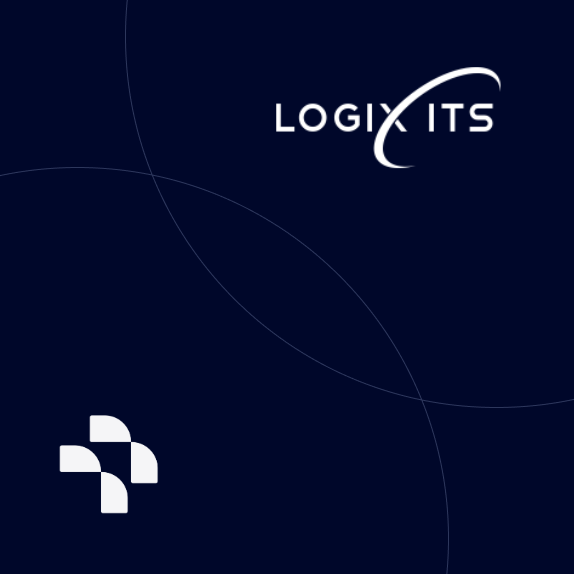 LogixITS logo with text and curved line on a dark blue background.