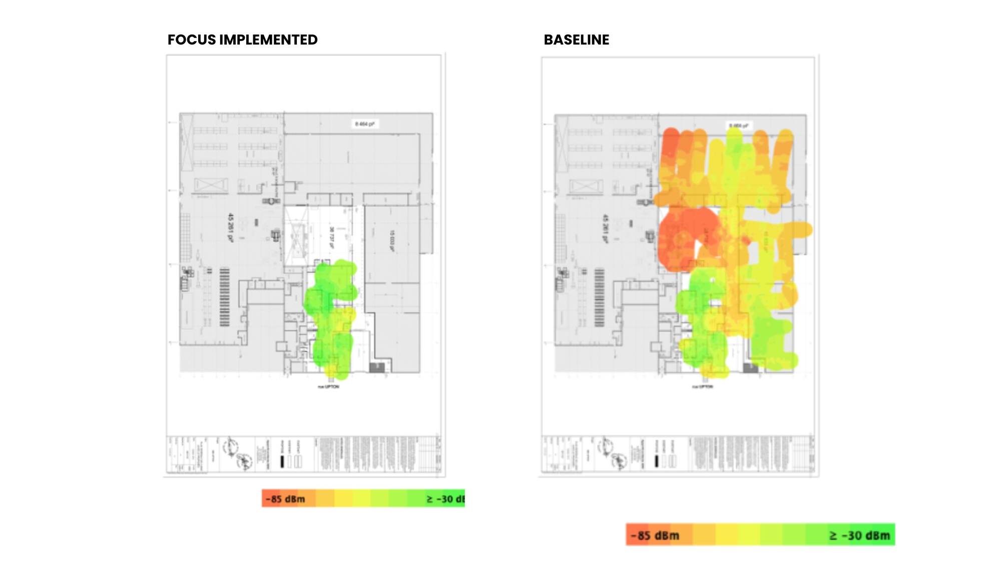Two building floor plans comparing wireless signal strength; the left plan shows stronger signals with more green areas, the right plan has more red and yellow areas indicating weaker signals.