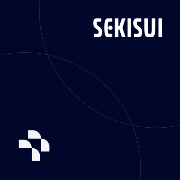 A dark blue background with the text 'SEKISUI' in white at the top and a white abstract logo at the bottom left.