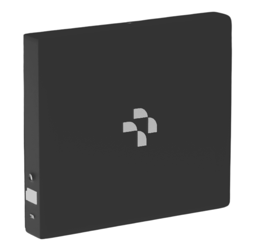 A black rectangular electronic device with a small silver logo of four curved shapes forming a cross in the center.