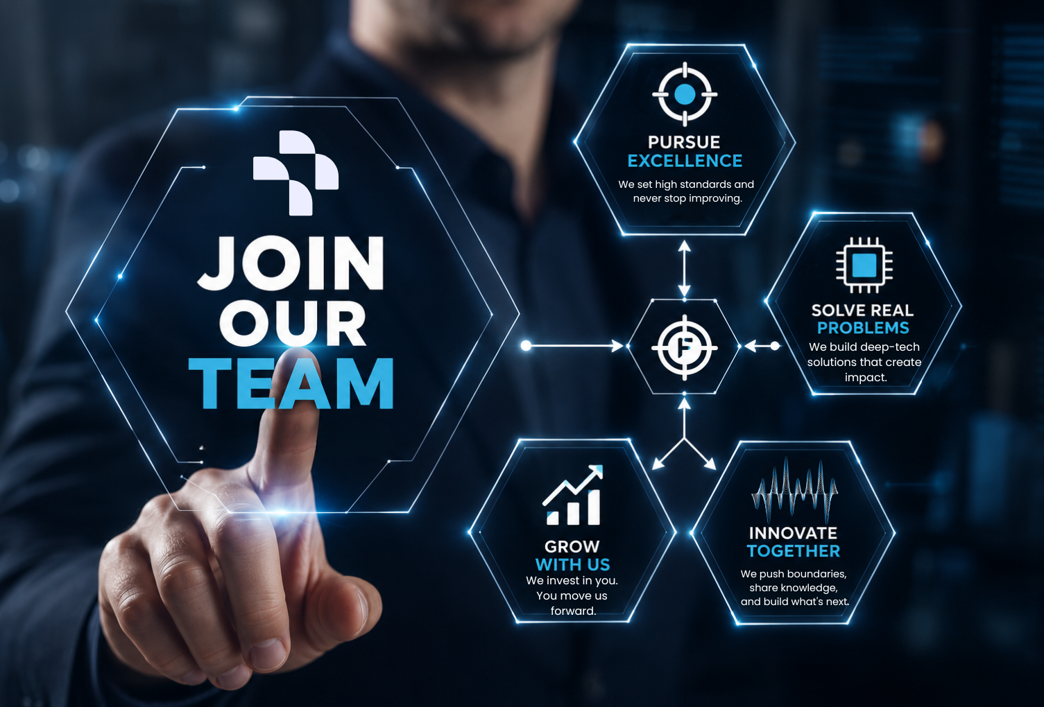 Digital graphic of a person pointing at a virtual display with the text 'Join Our Team' and four hexagon icons with texts about excellence, problem-solving, growth, and innovation.
