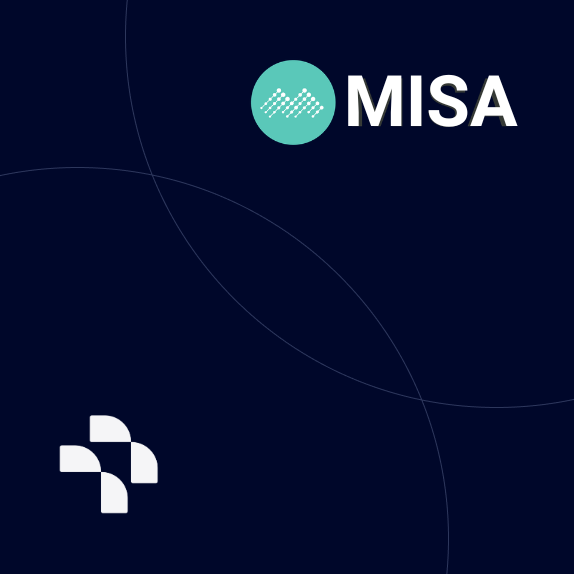 MISA logo with a turquoise circle containing white graphical elements and the word 'MISA' in white, set against a dark blue background with subtle curved lines and an abstract white icon in the bottom left corner.