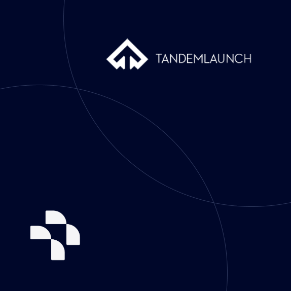 Dark blue background with white geometric logo and text reading 'Tandem Launch' at the top right, and a white abstract symbol at the bottom left.