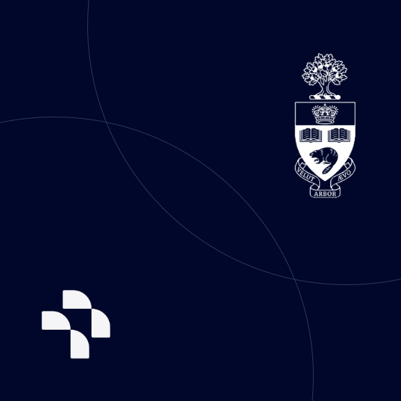 Dark blue background with a university crest featuring a tree, open books, and a bear, and a stylized logo in the lower left corner.