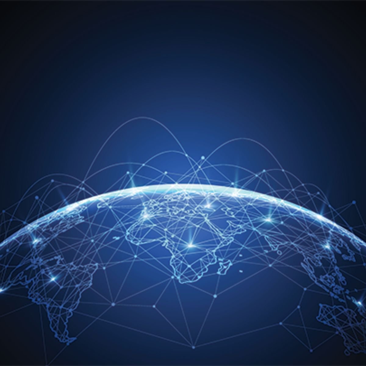 Digital representation of Earth with interconnected glowing network lines and nodes, symbolizing global connectivity and communication.