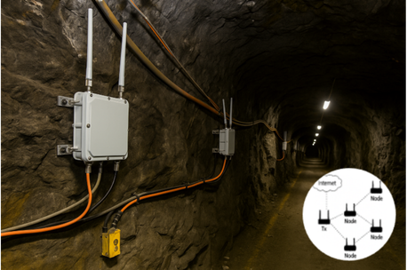 Electrical equipment with cables installed on the wall inside a tunnel, with a diagram overlay of internet network components in the bottom right corner.