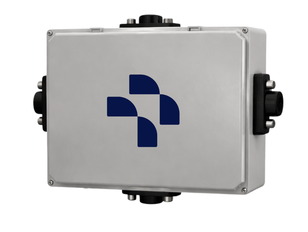 A grey weatherproof electrical box with a logo composed of four navy blue curved shapes forming a cross, mounted with black knobs on the sides.
