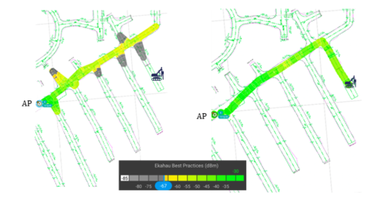 Wireless network coverage map with signal strength heatmap in green and yellow; shows two sites near an access point, with signal strength in decibels per meter, in a suburban area with roads and property boundaries.