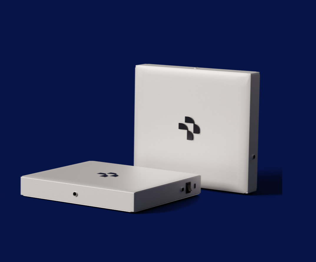 Two white electronic devices with black logos on a dark blue background, one standing upright and the other lying flat.