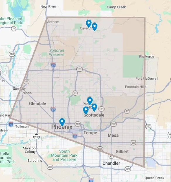 Map of Phoenix and Scottsdale area displaying the service areas for Chef Dean Cultural Cuisine in Phoenix and Scottsdale.