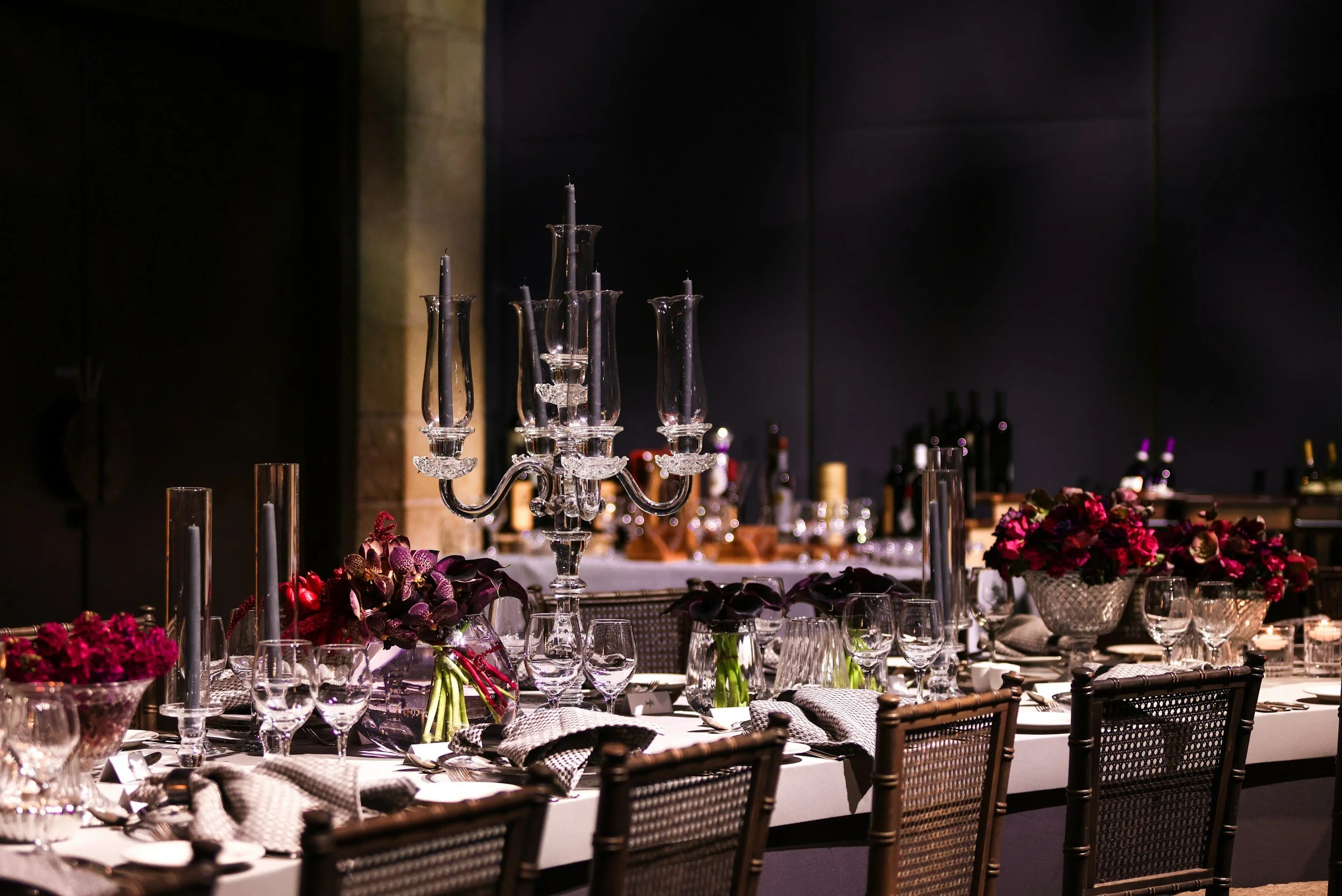Luxury private dining table setting with candelabra for an upscale themed dinner party in Scottsdale.