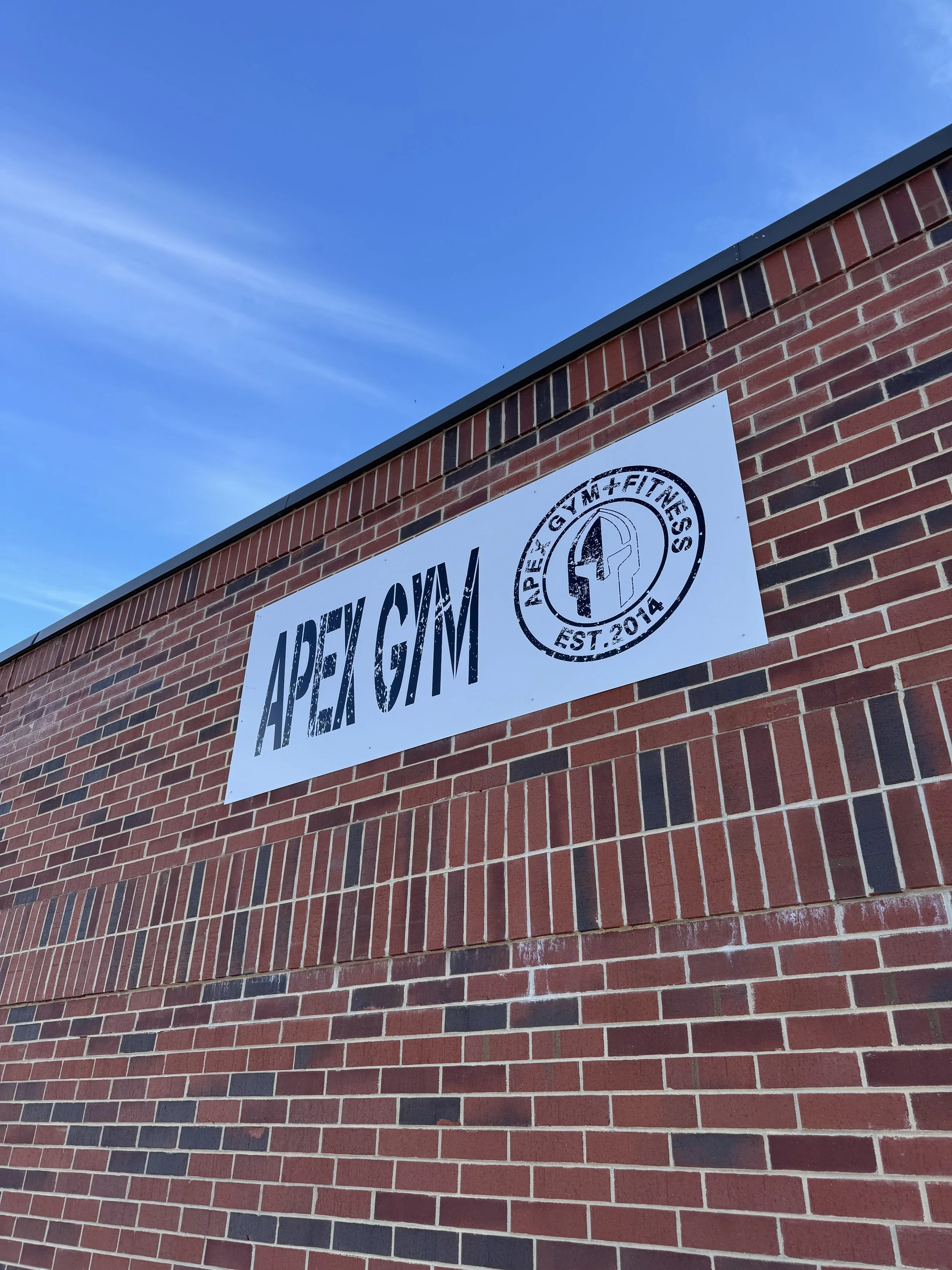 A red brick wall with a large white sign that reads "LAPE GYM" and a circular logo with a dumbbell and the words "GYM + FITNESS" and "EST. 2014" below it, against a clear blue sky.