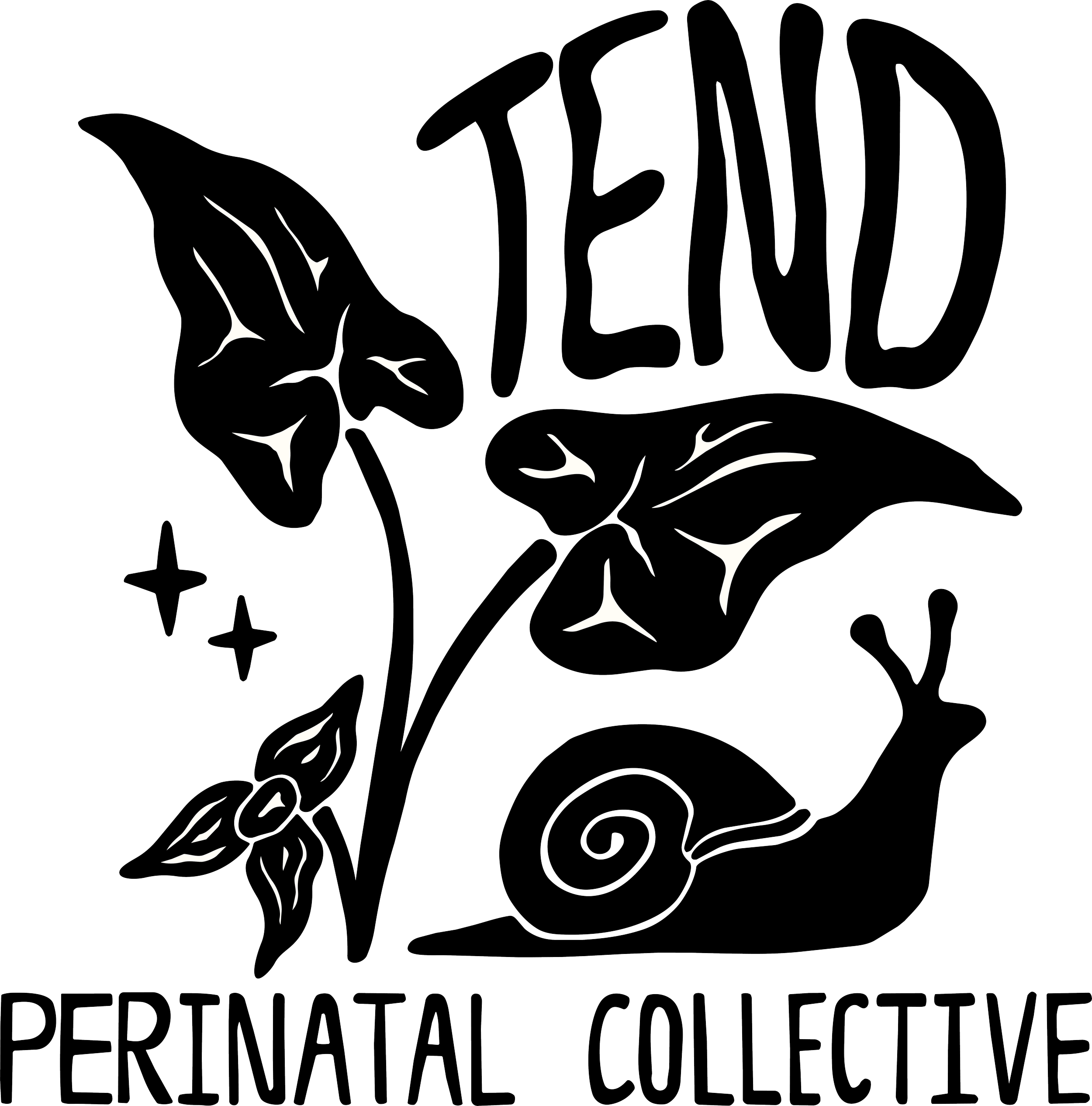 Stylized snail and wild ginger with the words "tend perinatal collective"