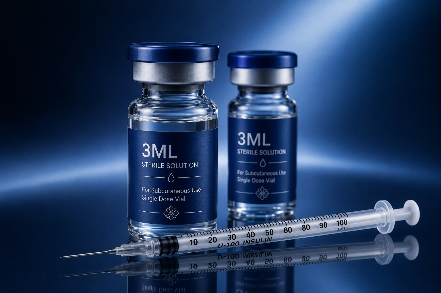 Two glass vials labeled 3ML Sterile Solution for subcutaneous use, with a syringe placed in front of them on a reflective surface against a dark blue background.