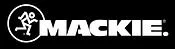 Mackie logo featuring bold white text and a small icon resembling an oval with a line through it on a black background.
