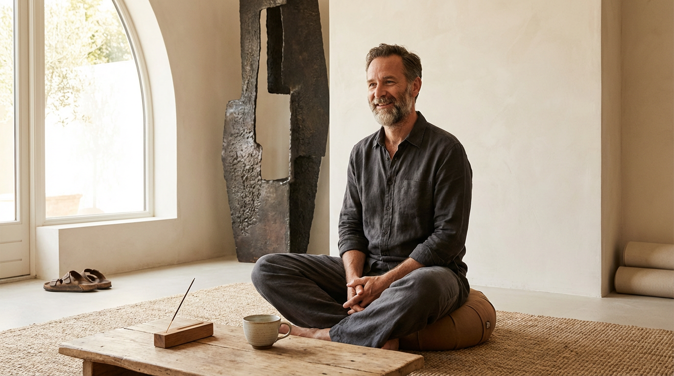 A man with gray hair and a beard, sitting cross-legged on a cushion in a bright room, smiling calmly. There is a wooden table with a notebook, a pen, and a cup in front of him. Large windows letting in natural light, and an abstract sculpture in the background.