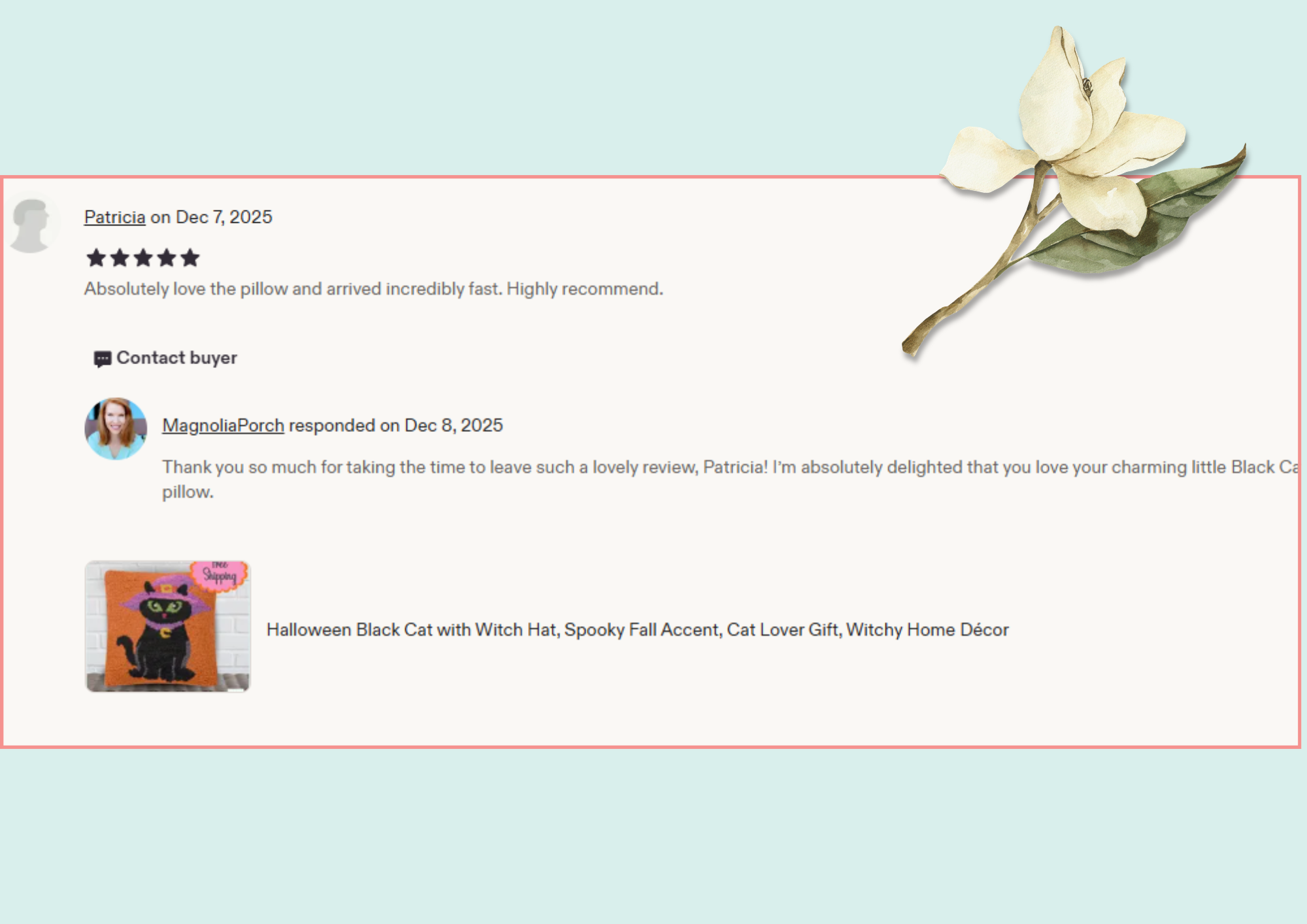 A screenshot of online reviews and product listings, featuring a decorative artificial flower on the right and a black cat Halloween decoration on the bottom left.