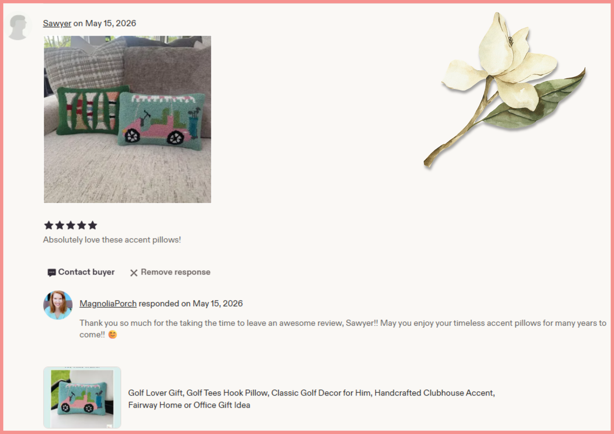 A 5 star review.  Photo of two accent pillows on a beige sofa; one pillow depicts golf clubs in a bag and the other has a pink golf cart design.