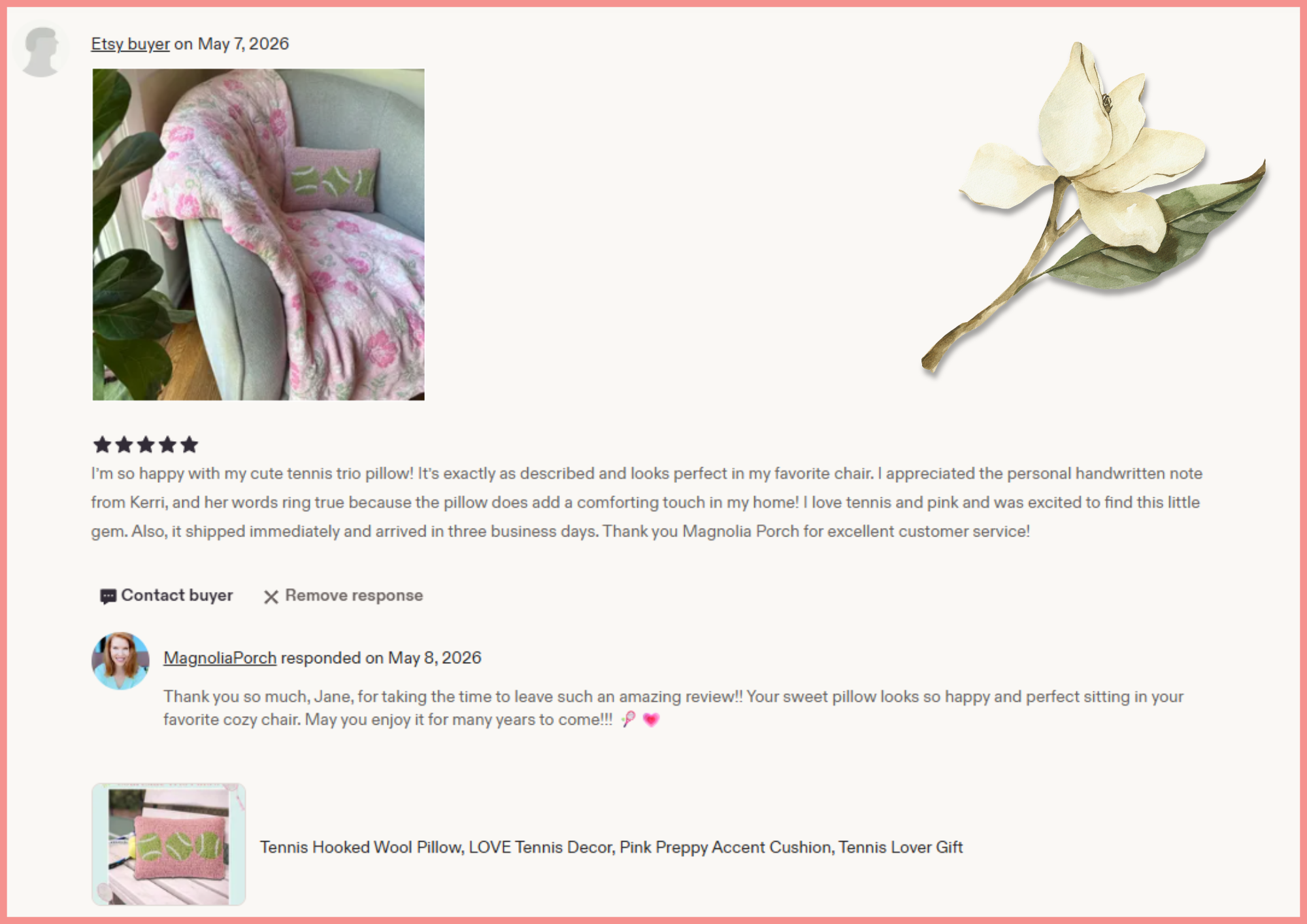 A 5 star review. A pink and green tennis-themed decorative throw blanket and a matching pillow with tennis ball motifs on a cozy sofa.